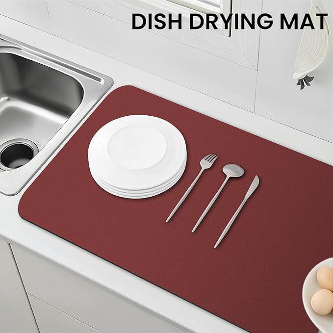 WISELIFE Dish Drying Mat Super Absorbent Drying Mat Large Dish Drying Mats for Kitchen Counter Easy Clean Dish Mat Kitchen Drying Mat18"x 32" Classic Red