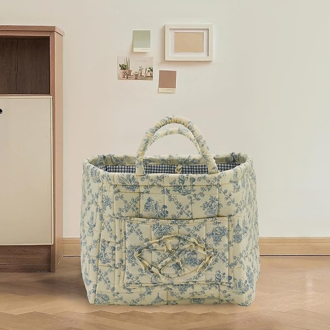 Quilted Fabric Storage Basket with Handles & Pocket, Foldable Laundry Hamper Boho Floral Print Organizer Bin for Home, Picnic, Office 12"x10"x10" (B-3)