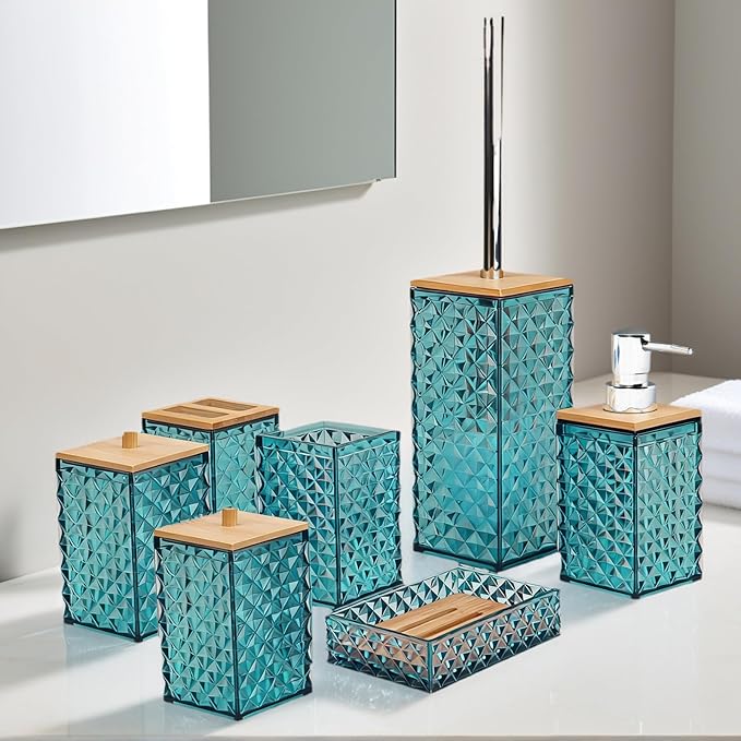 Bathroom Accessory Set,7 Pcs Dark Green Bathroom Set Include Soap Dispenser, Qtip Holder Dispenser, Soap Dish,Toilet Brush,Toothbrush Holder & Mouthwash Cup.Boho Bathroom Set