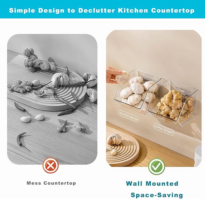 6-Pack Small Clear Storage Baskets, Adhesive Spice Rack Wall Mount for Countertop/Cabinet/Bathroom, Plastic Storage Bins Kitchen Wall Organizer and Storage Shelves, Spice Organizer