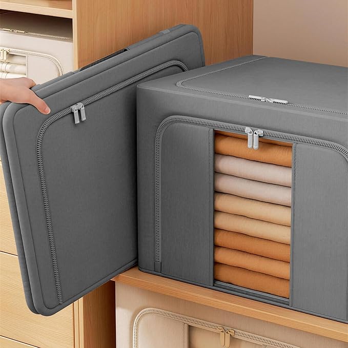 66L Clothes Storage Bins with Metal Frame Foldable Storage Bins with Lids Clothes Organizers and Storage with Clear Window Stackable Zippered Clothes Storage Bags(Darkgray)