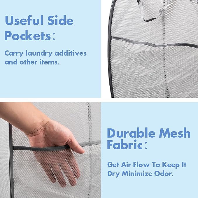 Pop Up Hamper, 2 PCS Mesh Pop Up Laundry Hamper, Foldable Mesh Laundry Basket with Space Saving Design for Home, Dorm, Travel and Storage, Gray