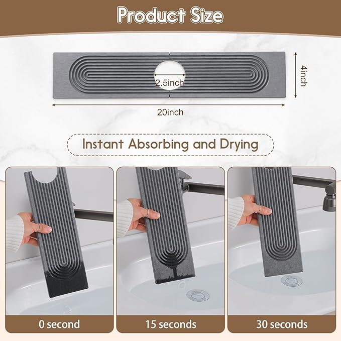 Faucet Mat for Kitchen Sink, Diatomite Quick Drying Tray , 20 Inch Kitchen Sink Splash Guard and Bathroom Stone Tray for Counter. Super Absorben. Deep Grey.