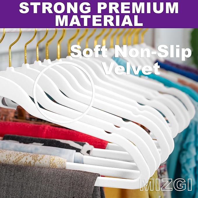 MIZGI Premium Velvet Hangers - 40 Pcs Heavy Duty, Non Slip Felt, Space Saving, White with Gold Hooks