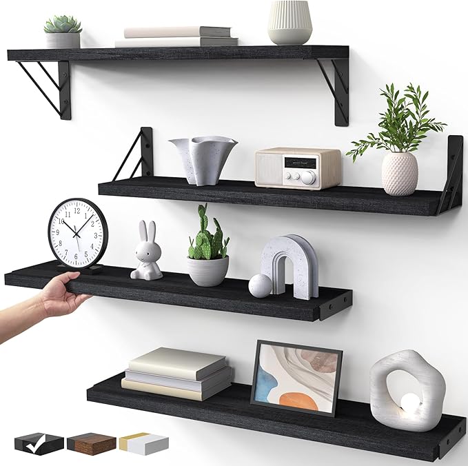 BAYKA Wall Mounted Floating Shelves, Wood Floating Wall Shelf for Books & Decor, Small Space-Saving Display & Organizer（Black，23in，Set of 4）