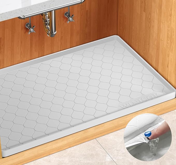 Silicone Under Sink Mat 34" x 19", kitchen Essentials and Gadgets, Shelf liner and Cabinet Protector, Home Organizers and Storage, Waterproof Bathroom Tray