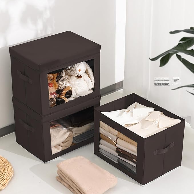 Stackable Storage Bins with Lids - Large Decorative Basket with Lids, Fabric Foldable Closet Organizer Bins, Shelf Organizer for Living Room, Dorm, 5 Pack, Brown