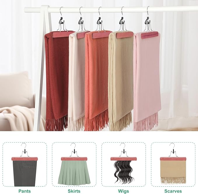 TOPIA HANGER 24 Pack Cedar Pants Hangers, Hair Extension Hangers Non Slip Skirt Hanger Wood Clamp with Velvet Padded 360° Swivel Hook for Jeans, Skirts, Trousers, Wigs CT68C