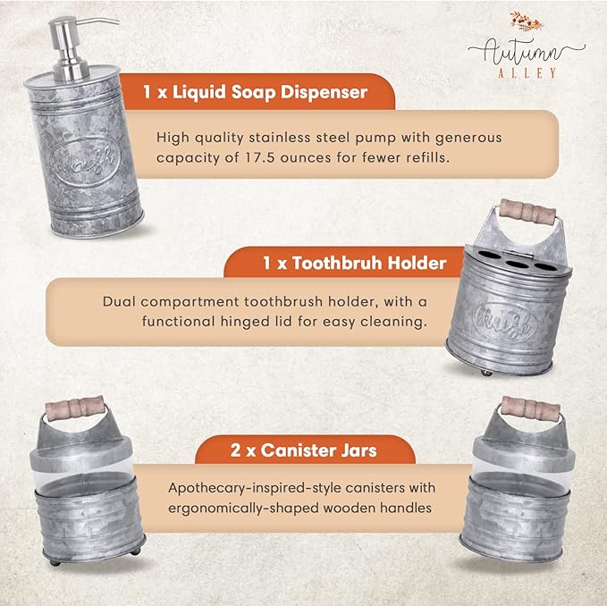 Autumn Alley Rustic Bathroom Accessories Set 4 - Galvanized Soap Dispenser, Rustic Toothbrush Holder, 2 Apothecary Jars Qtip Holder - Western Bathroom Decor – Farmhouse Bathroom Decor Accessories