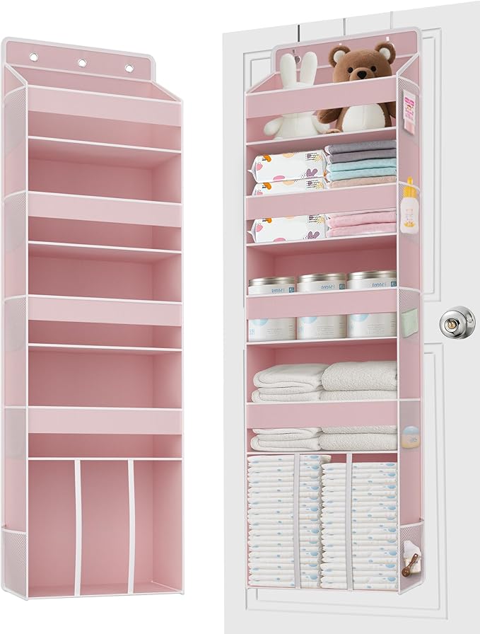 1 PC Pink Over the Door Organizer with 1 Large Capacity Caddy, 4 Shelf & 10 Mesh Side Pockets, Pink Stuff Hanging Storage and Girl Essentials Closet Organizer for Cute Room, Bedroom