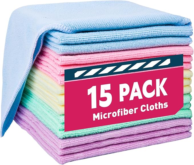 Microfiber Cleaning Cloths-15 Pack, Cleaning Rags, Microfiber Towels for Cars, Home 5 Colors Assorted (12x12 inches)