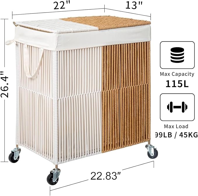 WOWLIVE Laundry Hamper with Wheels, Handwoven Rolling Laundry Basket with Lid, Clothes Hamper with Divided Removable Liner Bag, 115L Large Laundry Sorter Laundry Room Organization, White and Natural
