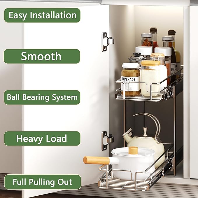 MODCART 2 Tier Individual Pull Out Cabinet Organizer 9" W x 21½" D, Heavy Duty Cabinet Pull Out Shelves, Slide Out Drawers Organization for Kitchen Cabinets Bathroom