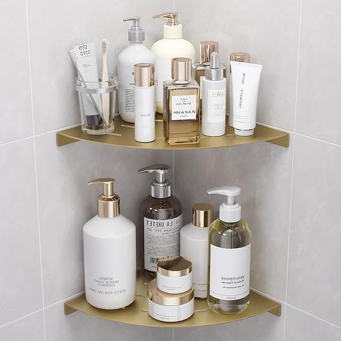 LFBA 2 Pack Corner Shower Shelves Load Capacity 40 lbs 304 Stainless Steel Shower Corner Shelf Will not Rust 8in Shower Shelf for Inside Shower Brushed Gold Drilling Installation