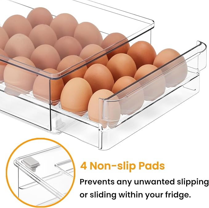 vacane 24 Capacity Egg Holder for Refrigerator, Egg Drawer for Fridge Pull Out Egg Storage Container with Non-Slip Pads Clear Egg Tray Egg Organizer - 2 Pack