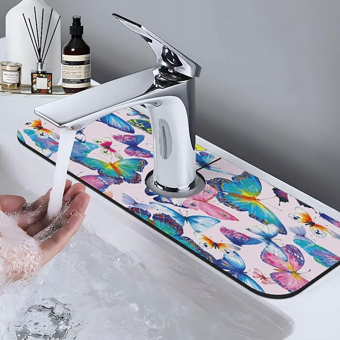 Faucet Draining Mat For Kitchen Sink, Colorful Butterflies Diatom Mud Absorbent Drain Pad For Bathroom Kitchen Sink Splash Guard Drying Mat
