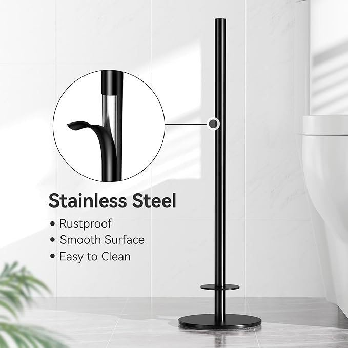 Black Toilet Paper Holder Stand for Spare Rolls Storage, Stainless Steel Freestanding Toilet Paper Holder with Shelf Hold 5 Paper Rolls