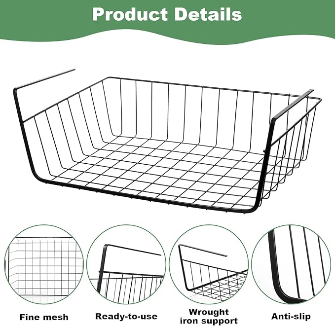 6 Pcs Undershelf Storage Basket Under Shelf Wire Basket Household Metal Under Shelf Hanging Storage Bin Basket Slides Under Shelves for Kitchen Pantry Bookshelf - 14.2" D x 9.1" W x 5.5" H, Black