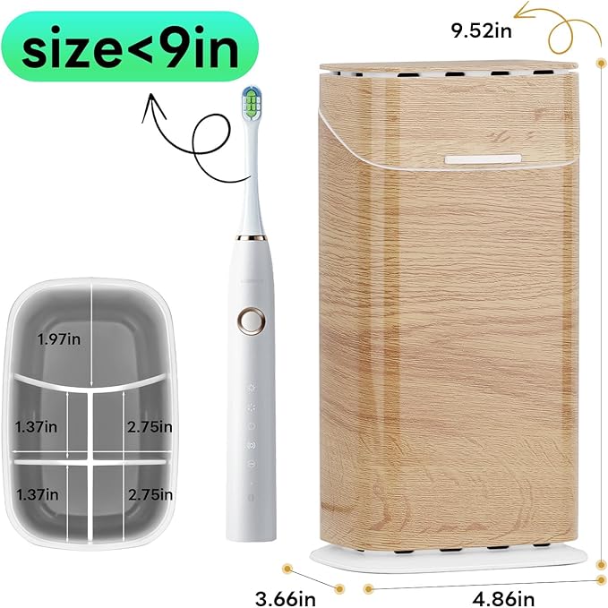 GFWARE Toothbrush Holders with Cover - Electric Toothbrush Length Less Than 9 inches, 5 Slots Tooth Brush Holder for Bathroom, Detachable Toothpaste Holder Bathroom Organizers with Drainage, Wood