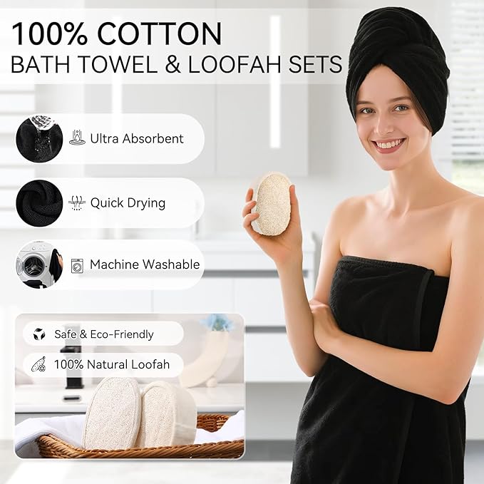 Resin Black Bathroom Sets, Black Bathroom Accessories Set with Shower Curtain, Bath Towel Set, Natural Loofah Sponge, Soap Dispenser, Toothbrush Holder, Bathroom Tumbler and Tray for Countertop