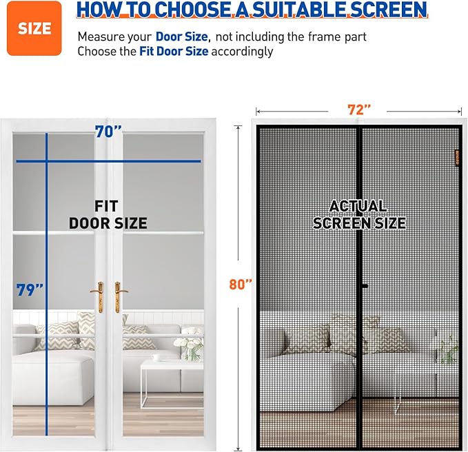 MAGZO Magnetic Screen Door Fit Door Size 70 x 79 Inch, Screen Size 72" x 80" Polyester Mesh with Heavy Duty Magnet, Black