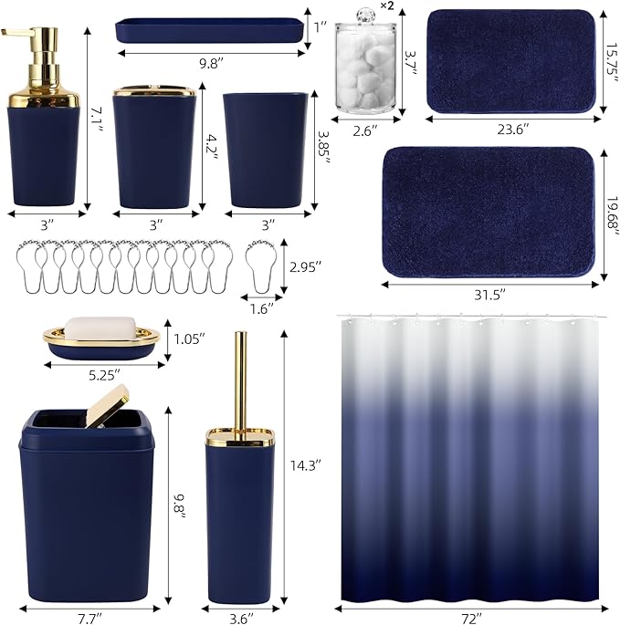 Bathroom Set - Navy Blue Bathroom Sets with Shower Curtain and Rugs, 24PCS Shower Curtain Set with Hooks, Soap Dispenser, Soap Dish, Toilet Brush Holder and Trash Can for Housewarming
