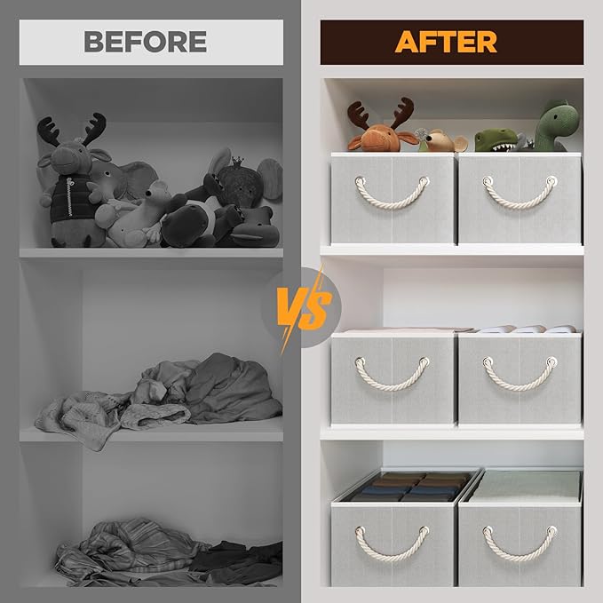 Closet Storage Bins, Linen Closet Organizers and Storage Basket for Shelves, Collapsible Shelf Baskets for Organizing Shelves, Bedroom Clothes Basket, Gray, 4 Pack