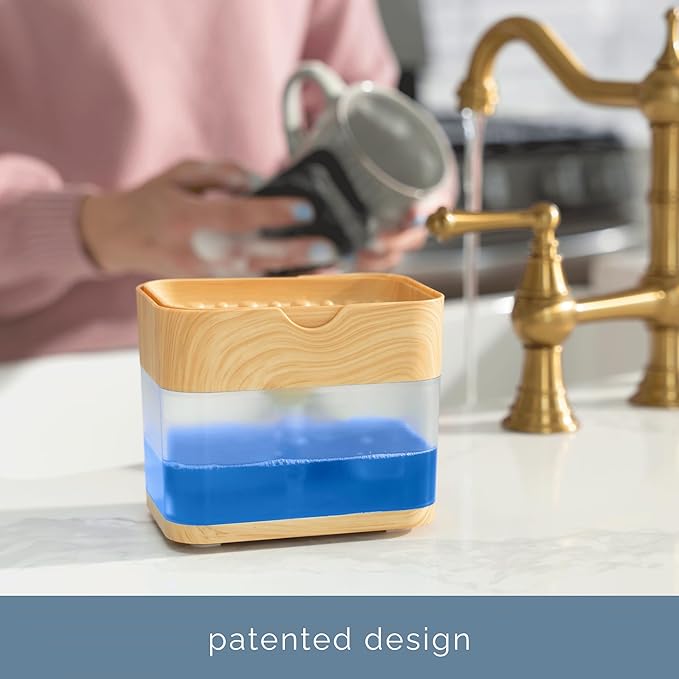 S&T INC. Dish Soap Dispenser and Sponge Holder for Kitchen Sink, Waterproof Labels and Sponge Included, 13 Ounces, Plastic, Bamboo