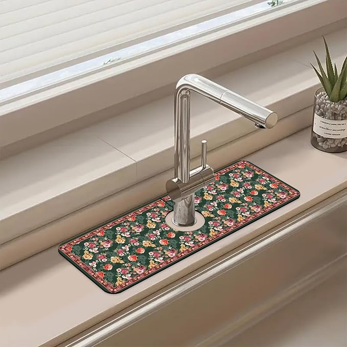 Sink Faucet Absorbing Mat Colorful Flowers Sink Splash Guard Drying Mat for Kitchen Bathroom Faucet Sinkmat 15.5"X5.5"