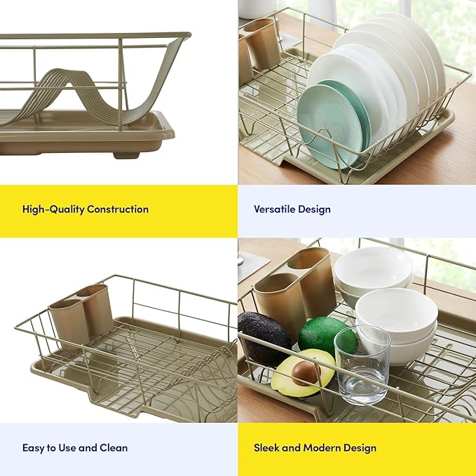 Space-Saving 3-Piece Dish Drainer Rack Set: Efficient Kitchen Organizer for Quick Drying and Storage - Includes Cutlery Holder and Drainboard - Maximize Countertop Space, Sage Green