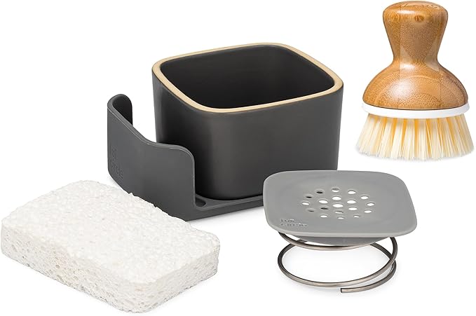 Full Circle Bubble Up Combo — Family Safe, Formaldehyde-Free – Gray Ceramic Soap Dish with Plant-Based Sponge & Bamboo Dish Brush – Versatile Kitchen Scrub Brush Set for Pots, Pans, Counter & Ovens