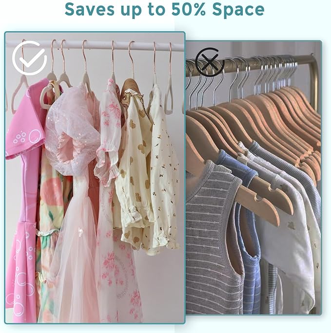 Kids Velvet Hangers 30 Pack, 14 Inch Non-Slip Felt Kid Hanger for Toddler/Youth/Teen, Slim Space Saving Child Hanger for Baby Closet, Heavy Duty Children's Hangers with 10 Clips - Beige