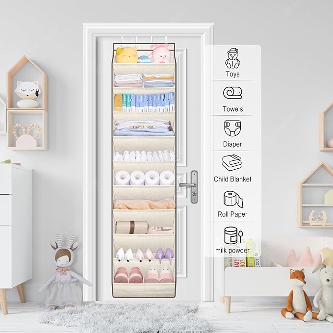 SLEEPING LAMB Shoe Rack for Door, Kids Door Shoe Organizer for Closet hanger, Narrow Hanging Sneaker Storage with Large Deep Pockets for Toddler, Girl, Baby Room Decor, Beige