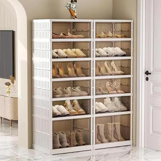 2PCS 6 Tier Easy Assembly Collapsible Shoe Cabinet Foldable Shoe Organizer Stackable Shoe Storage Box with Clear Door for Front Door Entrance