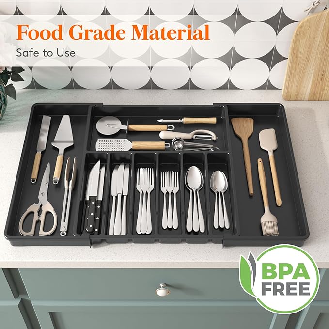 Lifewit Silverware Drawer Organizer, Expandable Utensil Tray for Kitchen, BPA Free Flatware and Cutlery Holder, Adjustable Plastic Storage for Spoons Forks Knives, 17- 30 x 18.5", Black
