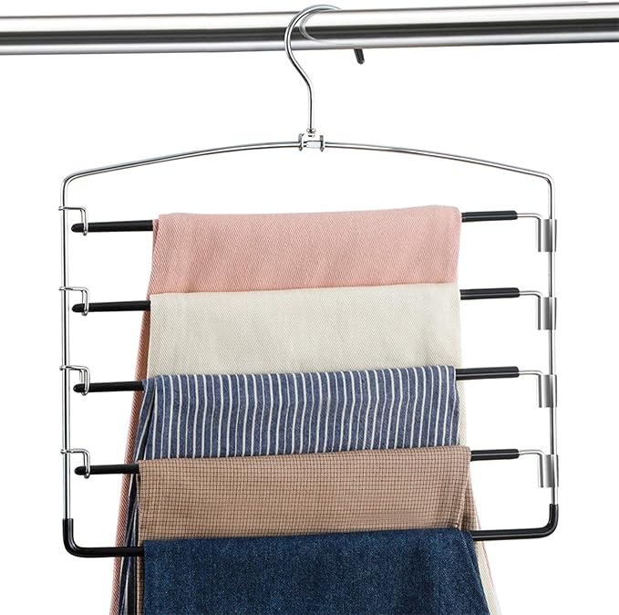 FeeraHozer Pants Hangers Non Slip 3 Pack Space Saving Hangers Multi-Layer Swing Arm Pants Hanger Stainless Steel Space Saver Hanger Closet Storage Organizer for Jeans Trouser Slacks Clothes (Black)
