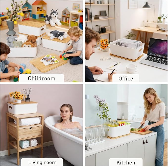 Citylife 2 PCS Storage Bins with Bamboo Lids Plastic Storage Containers for Organizing Stackable Storage Box with Handle, 15.12 x 10.67 x 5.98 inch