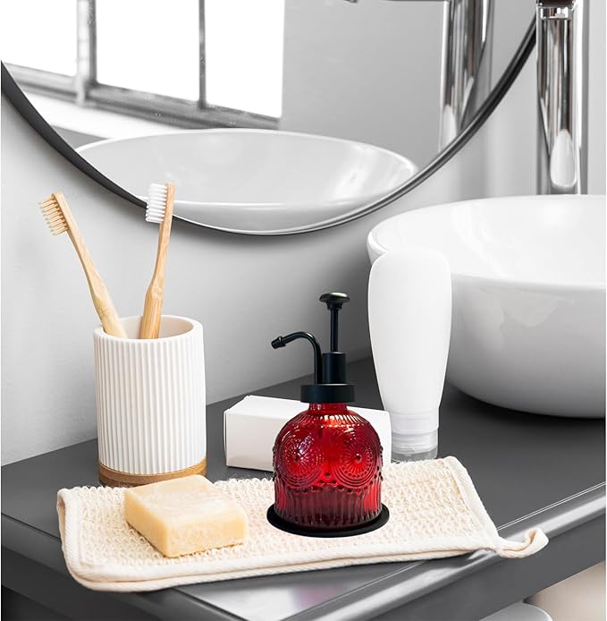 Vintage Soap Dispenser for Bathroom,Glass Kitchen Soap Dispenser with Pump,Farmhouse Antique,Cute Small Rustic Decor (Red)