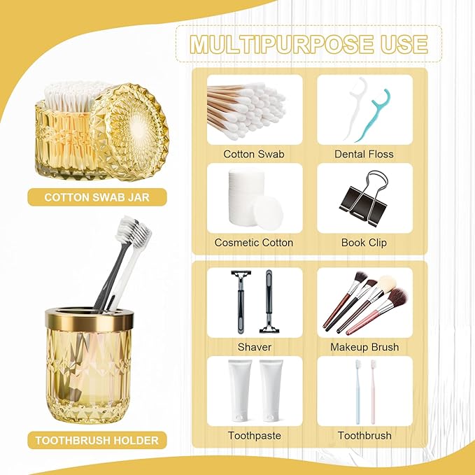 Clear Gold Bathroom Accessories Set, 5Pack Clear Glass Bathroom Accessories, Includes Lotion Soap Dispenser, Toothbrush Holder, Qtip Holder and Soap Dish, Vintage Bathroom Decor