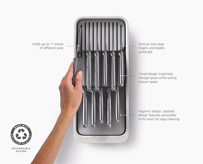 Joseph Joseph DrawerStore 2-Tier Knife Kitchen Drawer Organizer, Holds up to 11 Knives, Disassembles for Easy Cleaning, Recycled Plastic