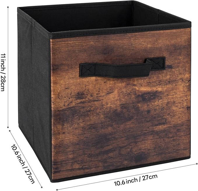 EWES 11 Inch Fabric Storage Cubes, 6 Pack Foldable Storage Bins with Handle, Storage Baskets Box for Shelves, Closet, Organizer, Brown Black