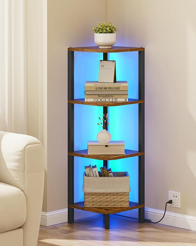 TUTOTAK Corner Shelf, 4-Tier Corner Bookshelf for Small Space, Narrow Display Corner Shelf Stand with Storage Rack, for Living Room, Bedroom, Rustic Brown BS08BB004L