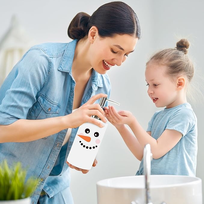JarThenaAMCS Christmas Soap Dispenser Snowman Face Glass Hand Dispenser with Pump Refillable Liquid Soap Container for Winter Xmas Home Kitchen Bathroom Countertop
