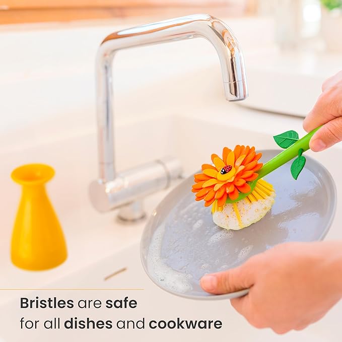 Vigar Flower Power Dish Brush with Handle and Vase Dish Brush Holder, Kitchen Scrub Brush for Pot Scrubber, Dishes, and Sink Cleaning, Orange, Green