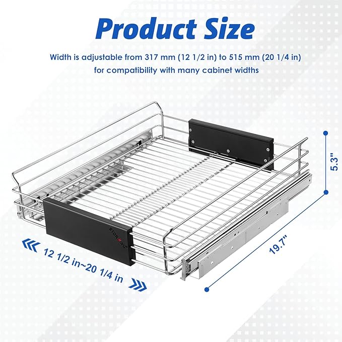 STORKING Expandable Pull Out Cabinet Organizer, Slide Out Drawers for Kitchen Cabinets, Heavy Duty Storage Drawers, Chrome Plated Cabinet Wire Shelf, Adjustable Width 12.5~20.2" W x 17.3" D