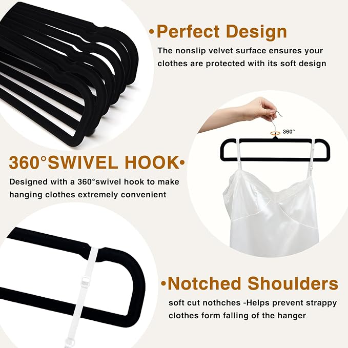60 Pack Black Velvet Pants Hangers with 60 Hooks Non Slip, Felt Trouser Hanger for Closet, Thin Space Saving Clothes Hanger, Strong, Durable, 360 Degree Rotatable Hook for Tank Top, Shorts