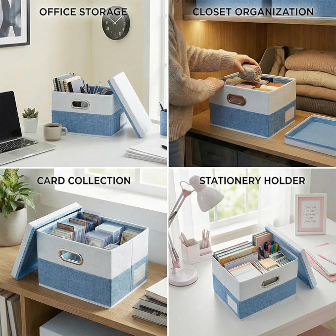 PRANDOM Storage Bins with Lids [3-Pack] Linen Fabric Foldable Storage Boxes Organizer Containers Baskets Cube with Cover for Bedroom Closet Office Blue&White（11.4X8.6X6.7