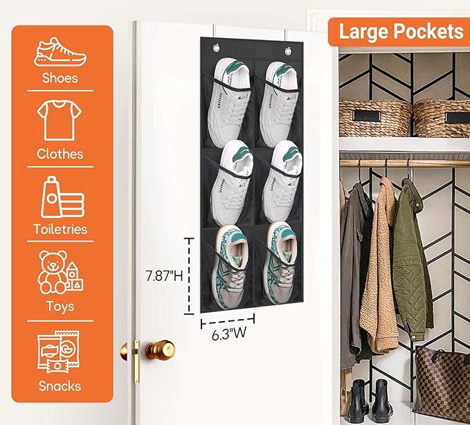 KIMBORA 2 Packs Narrow Over the Door/Wall Shoe Organizer, Small Hanging Shoe Rack for Closet with Clear Mesh Pocket for Bathroom, RV, Pantry, Camping (Black)
