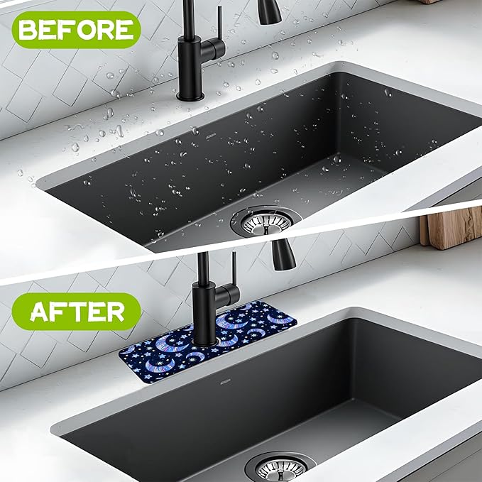 Kitchen Sink Splash Guard Faucet Mat Super Absorbent Fast Drying Mat Guard Behind Faucet Drip Catcher for Kitchen Bathroom (Blue Stars Crescent Moon, 23.5"X5.5")