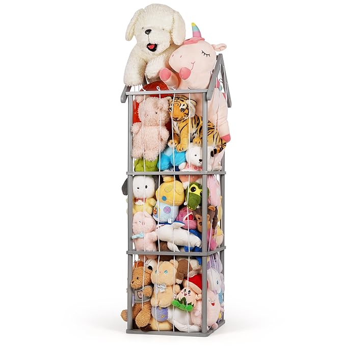 Stuffed Animal Storage, Space Saving Vertical Stuffed Animal Holder Wood, Easy Assembly Cottage-Style Plush Toys Organizer for Bedroom & Playroom (Gray, Large)